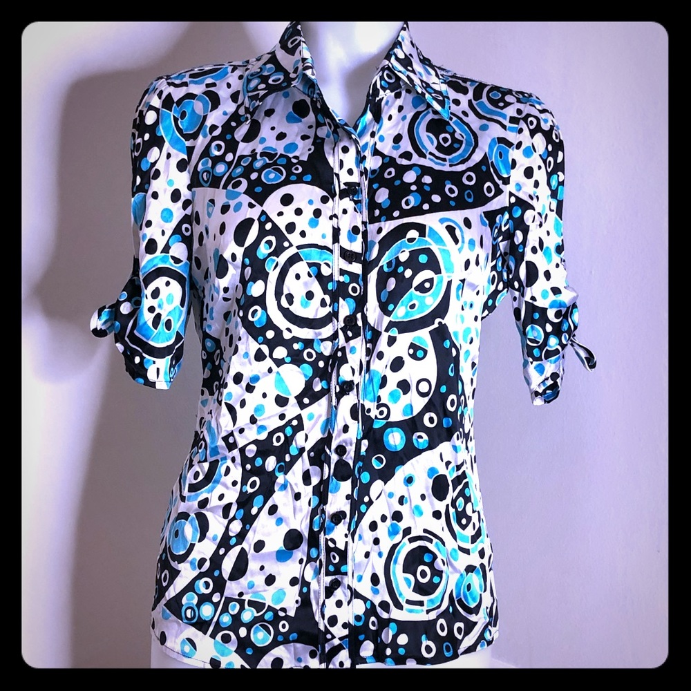 Black Blue White Geo Pattern Silk Blouse S / M